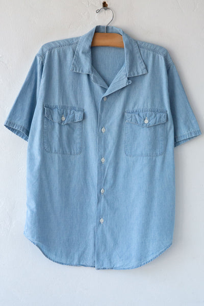 トップス 30s US vintage chambray work shirt Vintage Slub Cotton Chambray Short Sleeve Work Shirt - Blue