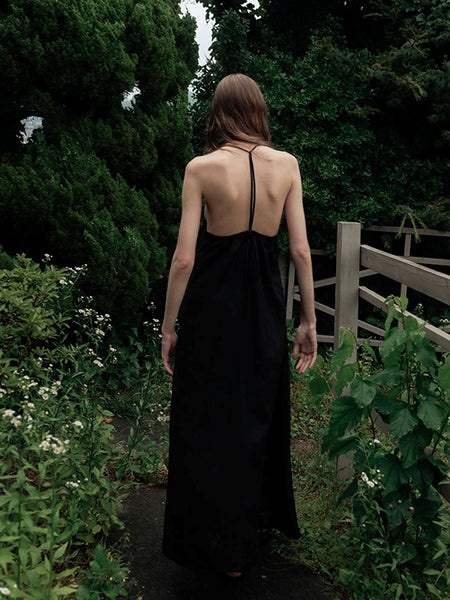halter linen dress Mid Black / S and down at your sides Black Linen Halter Slit Maxi