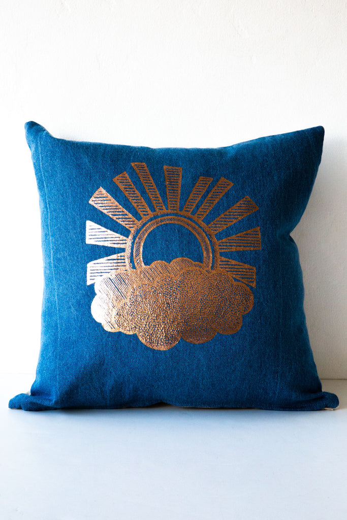 lucky fish sun day denim / linen pillow