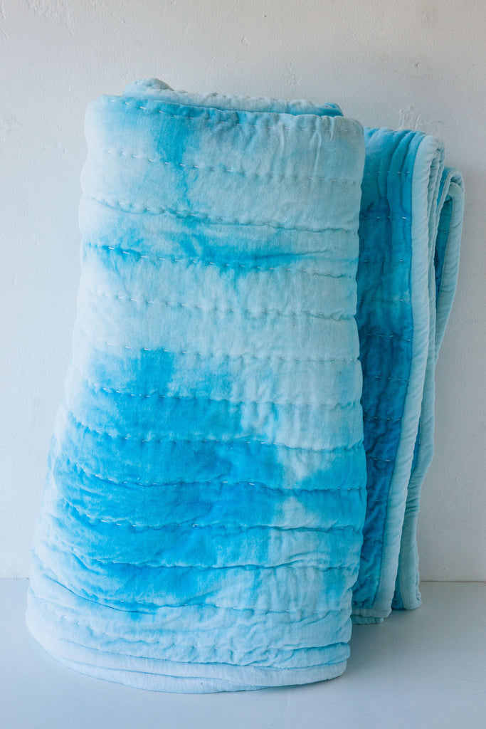 Blessed White/Blue Shibori Velvet Quilt