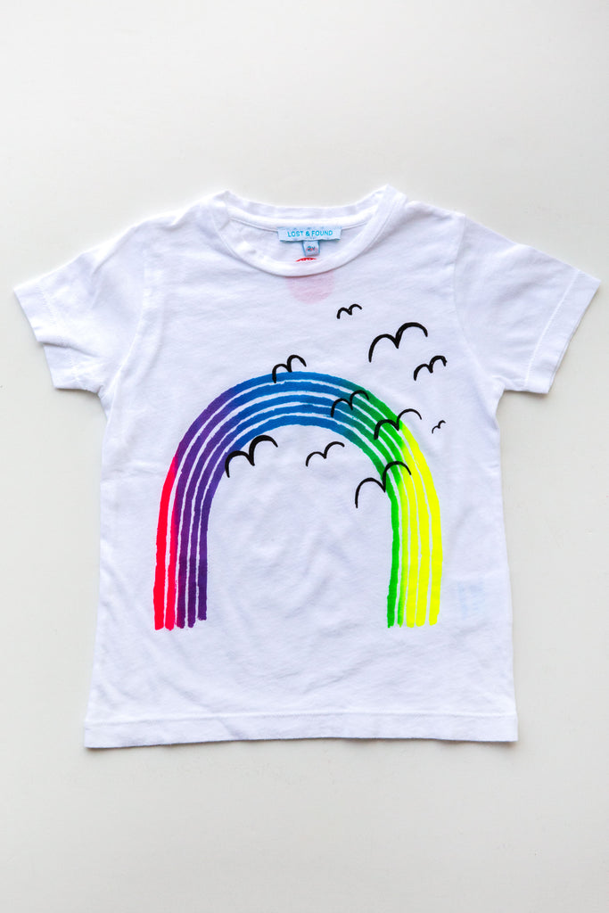 lucky fish on lost & found tee white over the rainbow